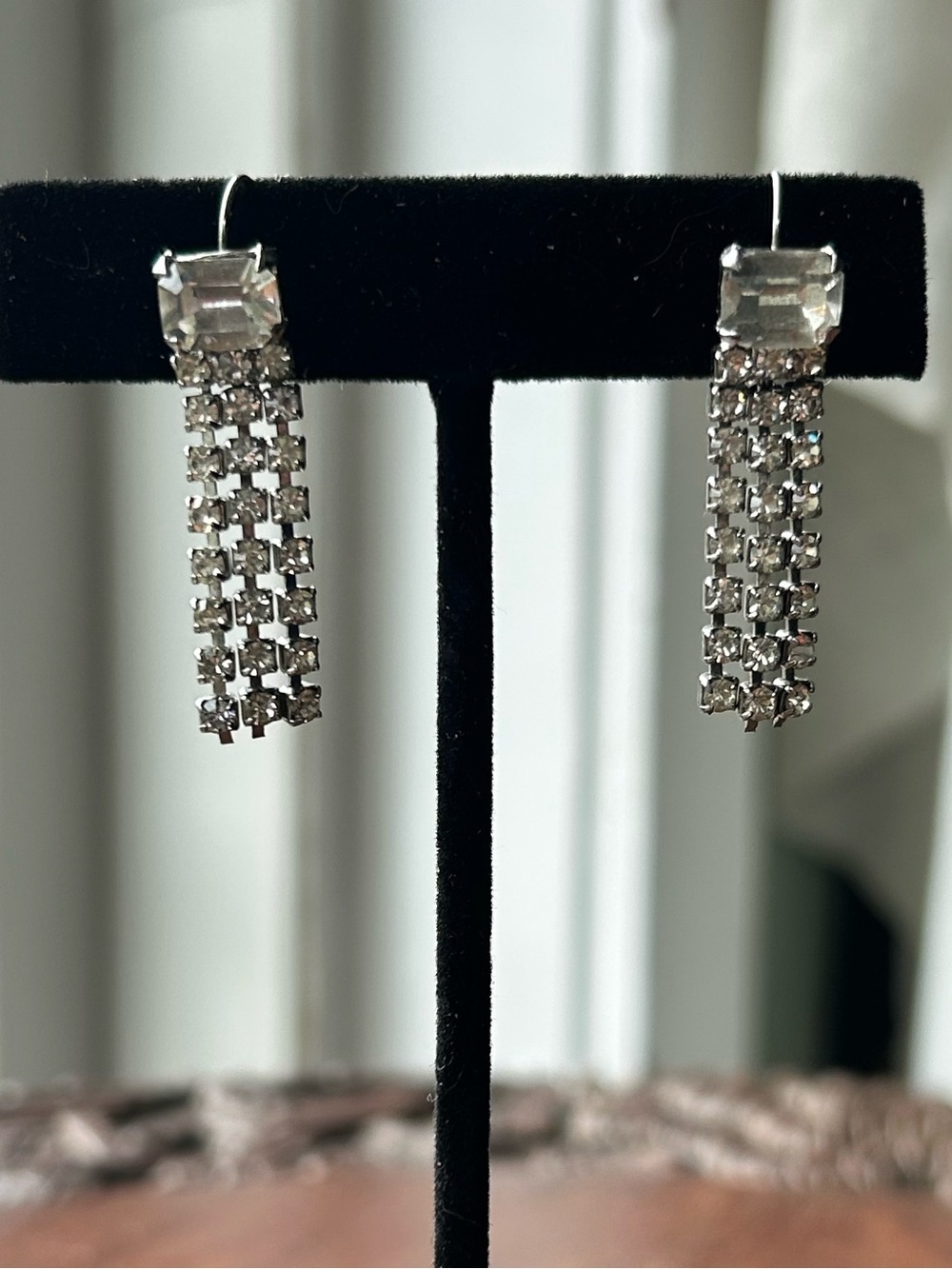 Vintage Rhinestone Waterfall Earrings Silver Tone Crystal Fringe Dangle